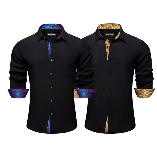 Barry.Wang 2pcs Mens Dress Shirts Black Splicing Silk Long Sleeve Shirt