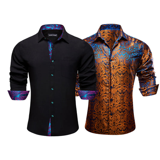Barry.Wang 2Pcs Men Shirts Silk Brown Paisley Black Splicing Long Sleeve Dress Shirt