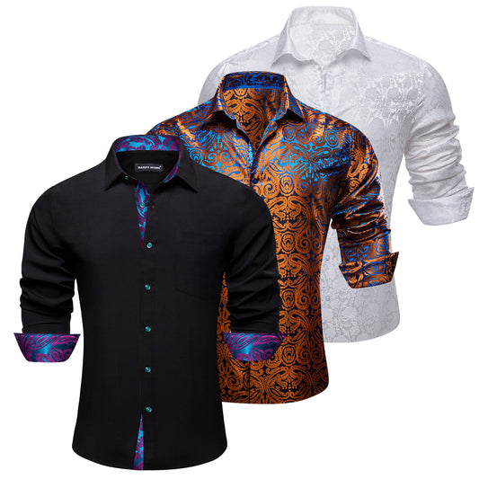 Barry.Wang 3pcs Men Dress Shirts Black Brown White Paisley Splicing Shirt Silk Long Sleeve