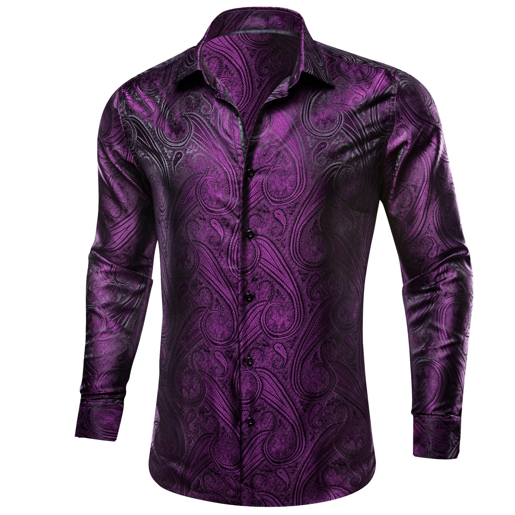 Barry.wang Button Down Shirt Men's Purple Silk Paisley Long Sleeve Daily Slim-fit Shirt