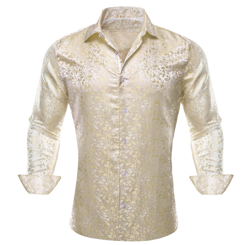 Barry. Wang Mens Champagne Wedding Shirt Floral Jacquard Wrinkle Free luxury Formal Shirt, L