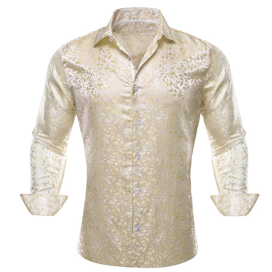 Barry. Wang Mens Champagne Formal Shirt  Floral Wrinkle Free Long Sleeve Button Down Shirt
