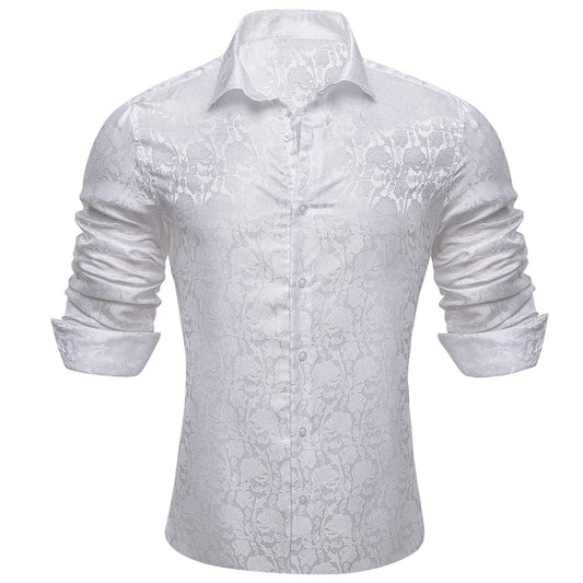 Barry. Wang Mens White Dress Shirt Paisley Silk Long Sleeve Button Down Shirt