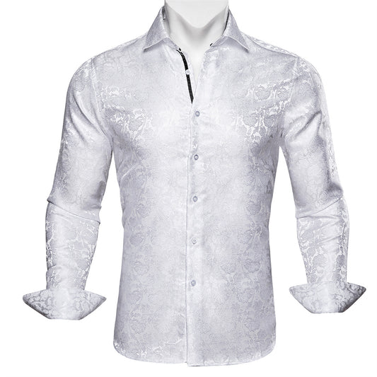 Barry.Wang 2pcs Mens Shirts White Black Paisley Shirt Silk Shirt