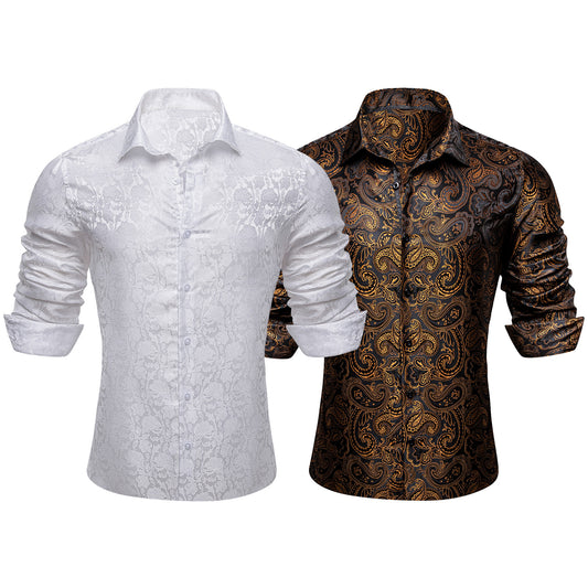 Barry.Wang 2Pcs Men Shirts Silk White Brown Paisley Long Sleeve Wrinkle-Free Dress Shirts