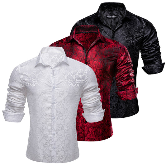 Barry.Wang 3pcs Men Dress Shirts White Red Black Paisley Splicing Shirt Silk Long Sleeve Shirt