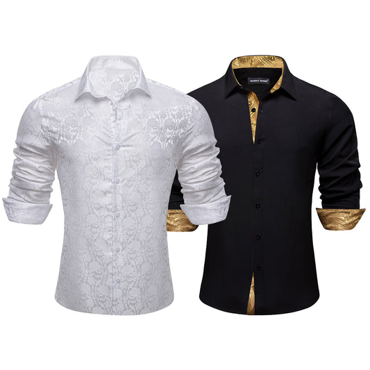 Barry.Wang 2Pcs Men Shirts Silk Black Splicing White Paisley 70s Disco Long Sleeve Shirts