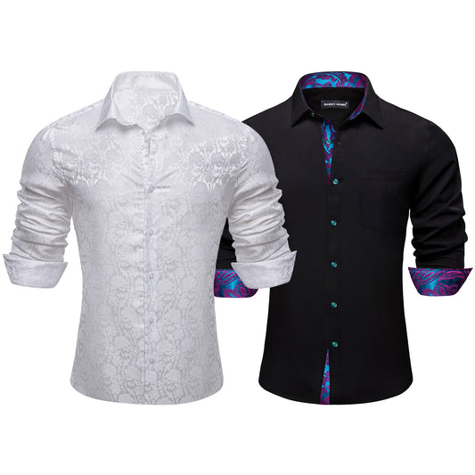 Barry.Wang 2Pcs Men Shirts Silk Black Splicing White Paisley Long Sleeve Shirts