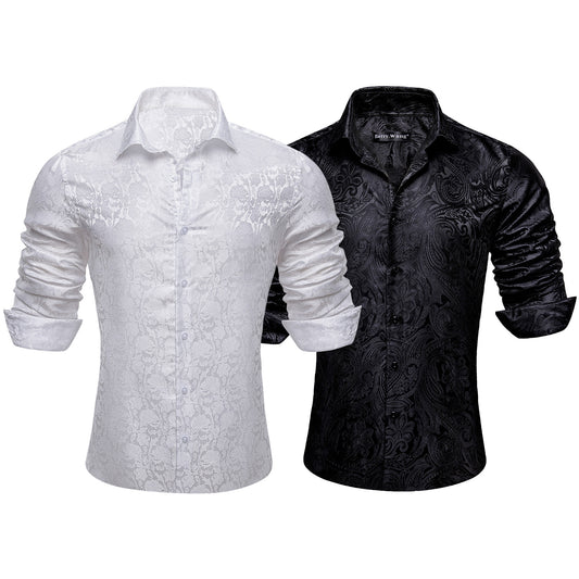 Barry.Wang 2pcs Men Dress Shirts Black White Paisley 70s Disco Shirt Silk Long Sleeve Shirt