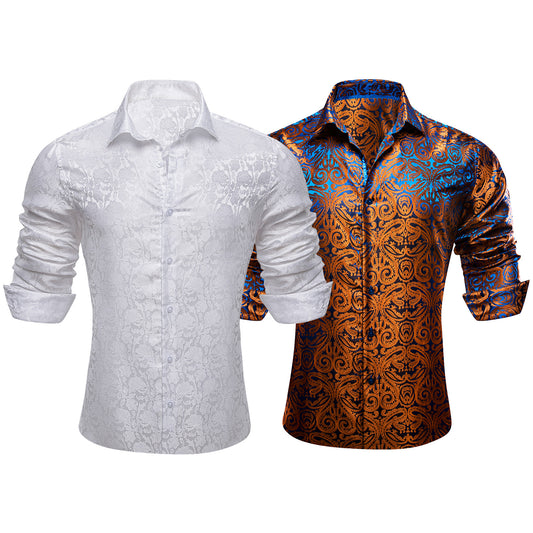 Barry.Wang 2pcs Men Dress Shirts White Brown Paisley 70s Disco Shirt Silk Long Sleeve Shirt