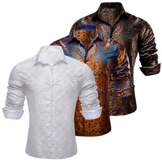 Barry.Wang 3pcs Men Dress Shirts White Brown Paisley Shirt Silk Long Sleeve Shirt