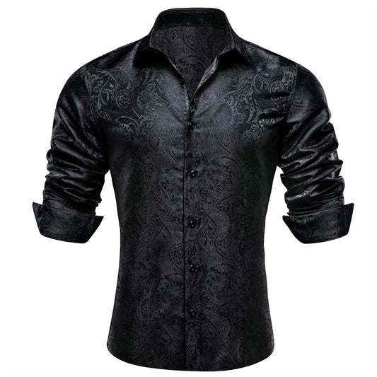 Barry. Wang Mens Paisley Casual Shirt Black Silk Long Sleeve Button Down Shirt for Party