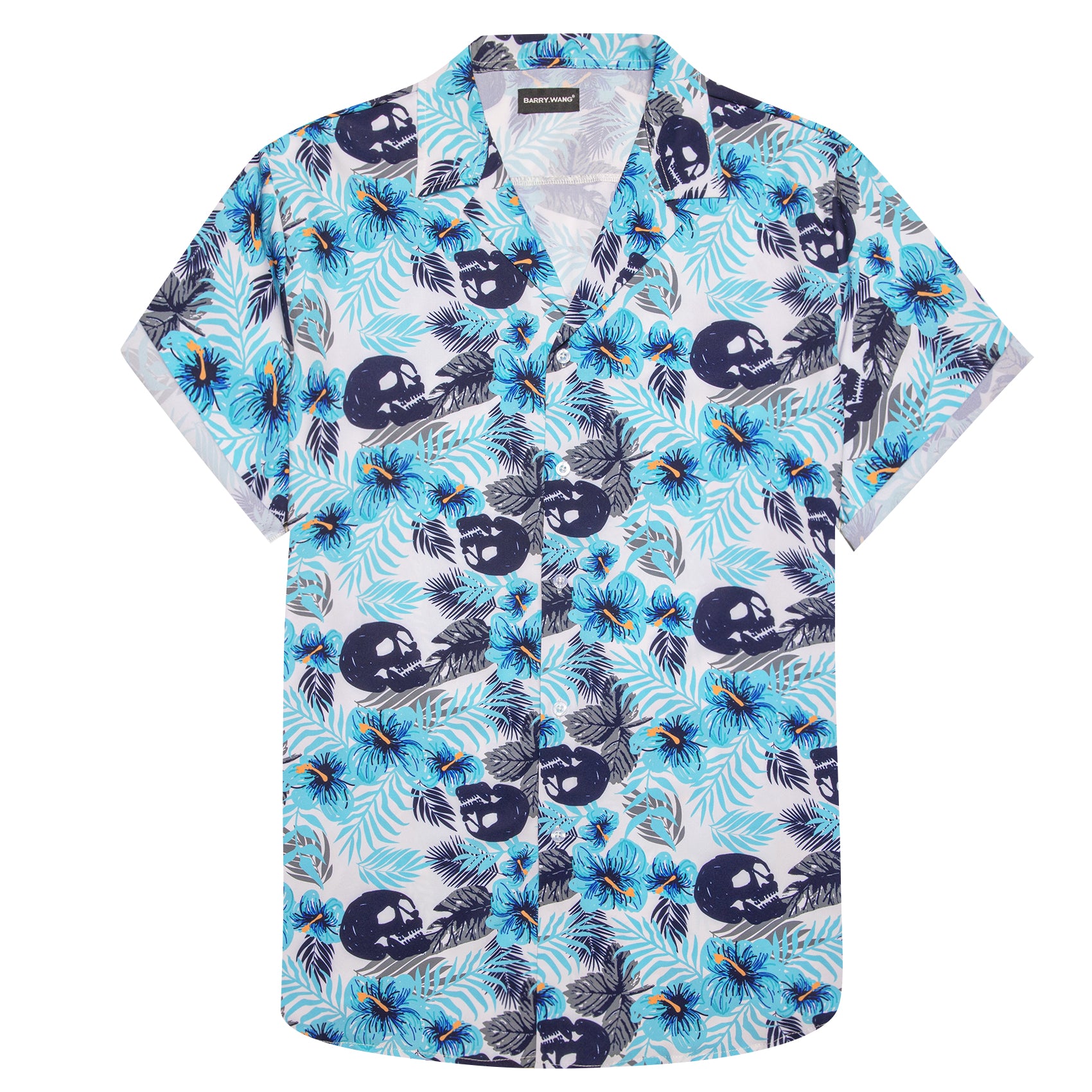 Men's Blue Grey Floral Pattern Short Sleeves Summer Hawaii Shirt