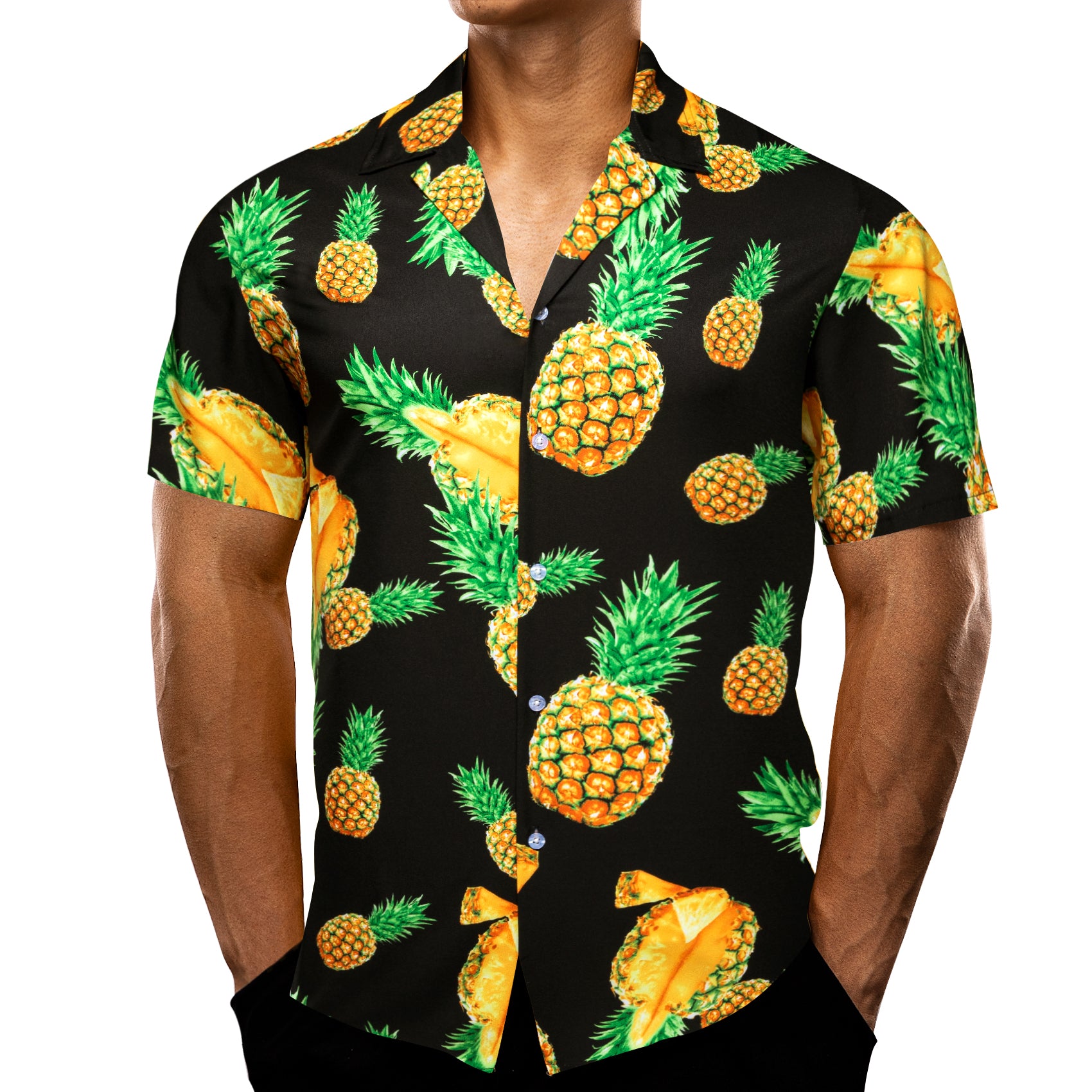 Men's Black Pineapple Floral Pattern Short Sleeves Summer Hawaii Shirt