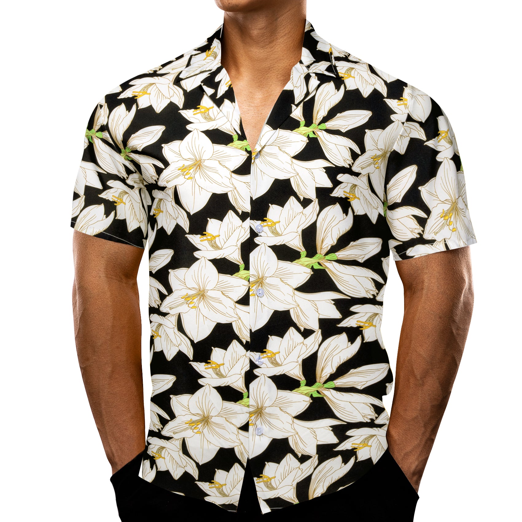 Men's Black White Lily Floral Pattern Short Sleeves Summer Hawaii Shirt