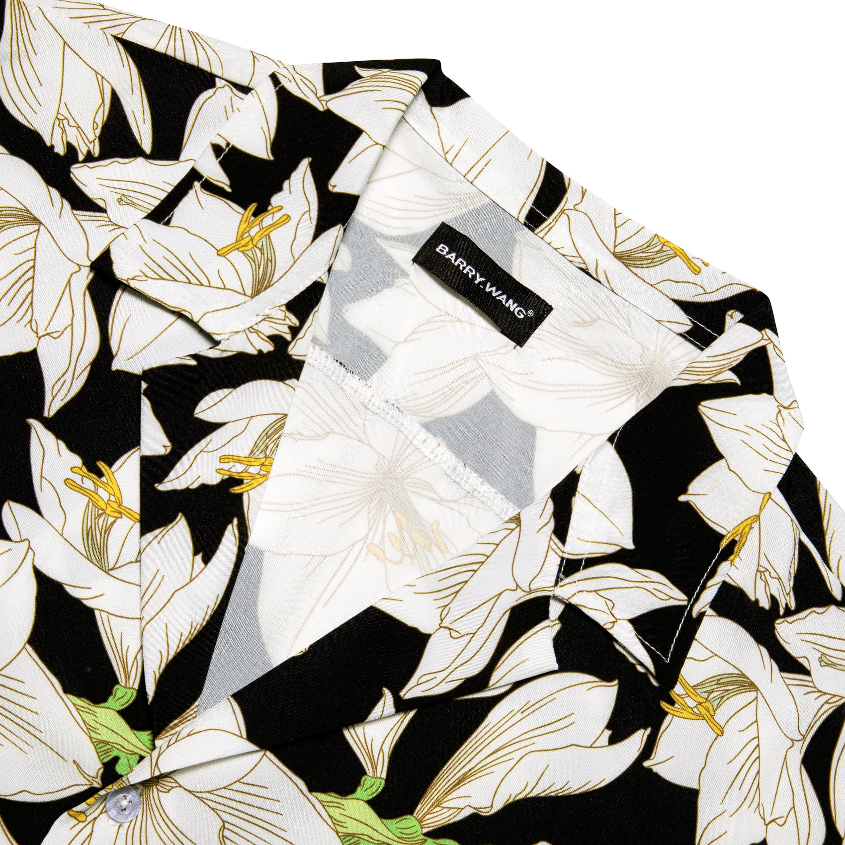 Men's Black White Lily Floral Pattern Short Sleeves Summer Hawaii Shirt
