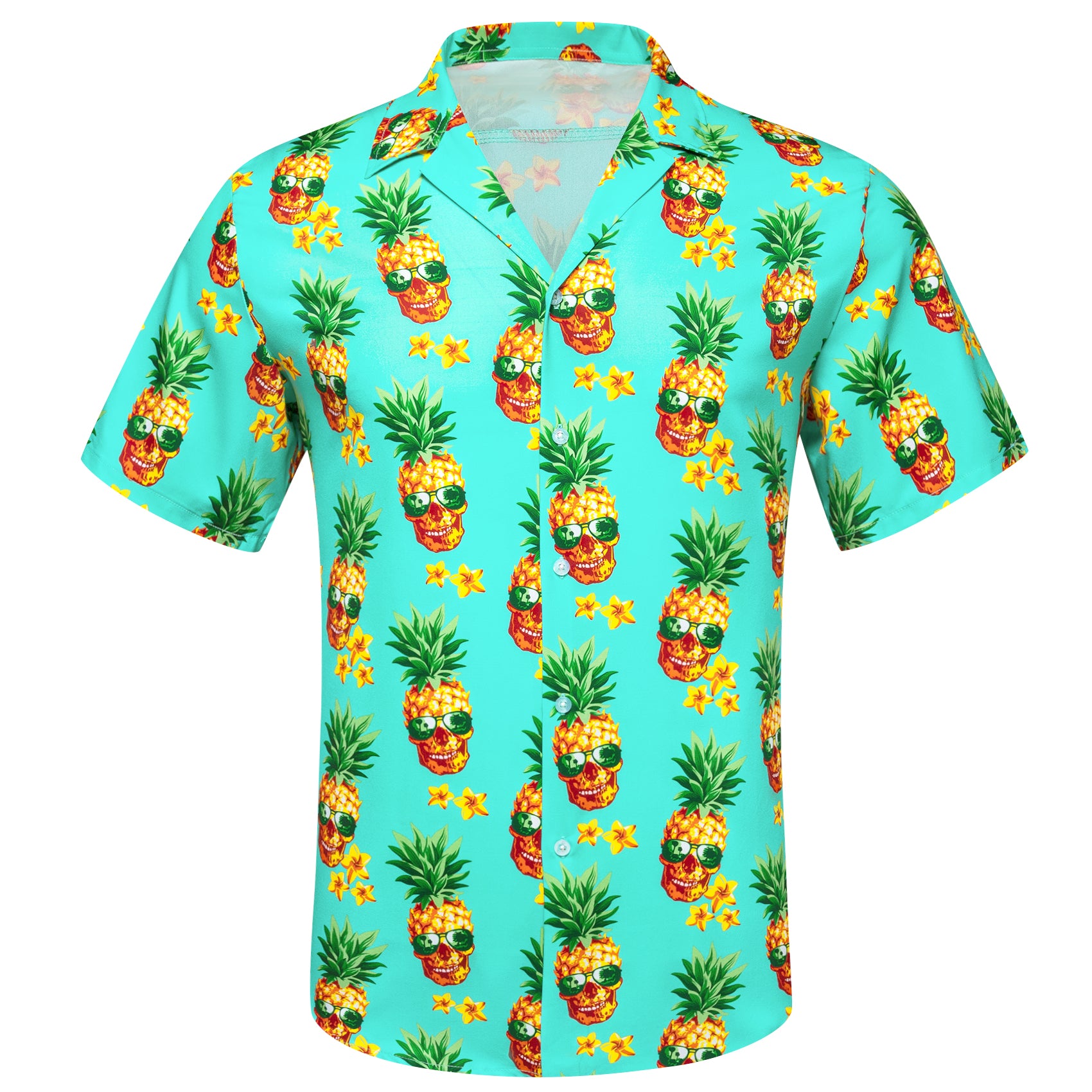 Men's Aquamarine Pineapple Floral Pattern Short Sleeves Summer Hawaii Shirt
