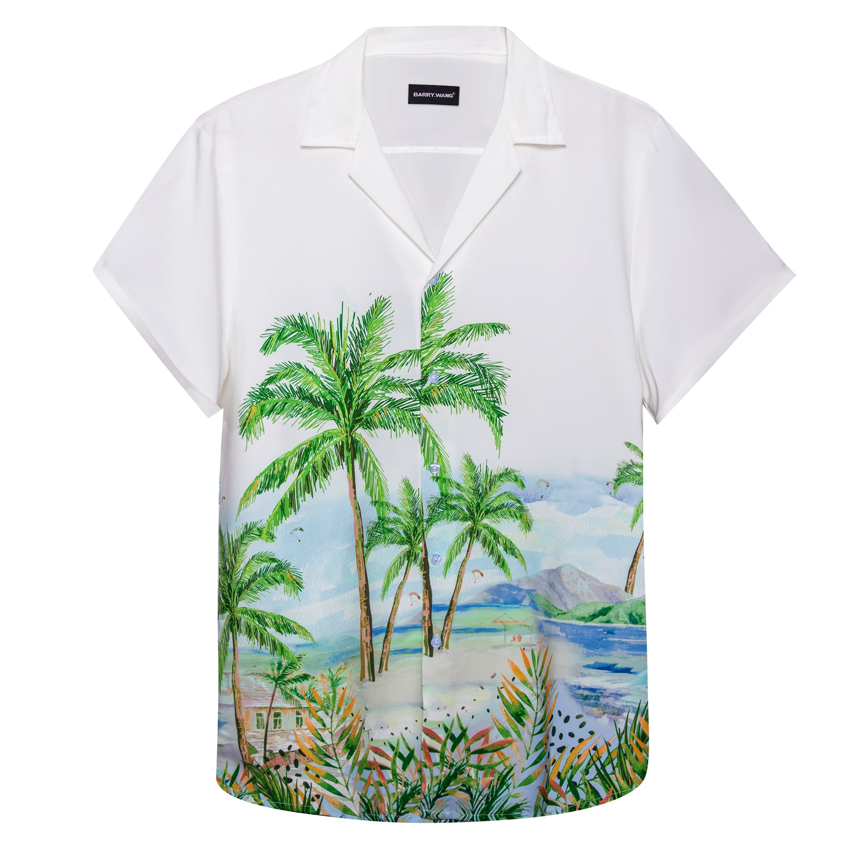 Barry Wang Hawaiian Shirts Beach Coconut Trees Mens Printed White Shirts