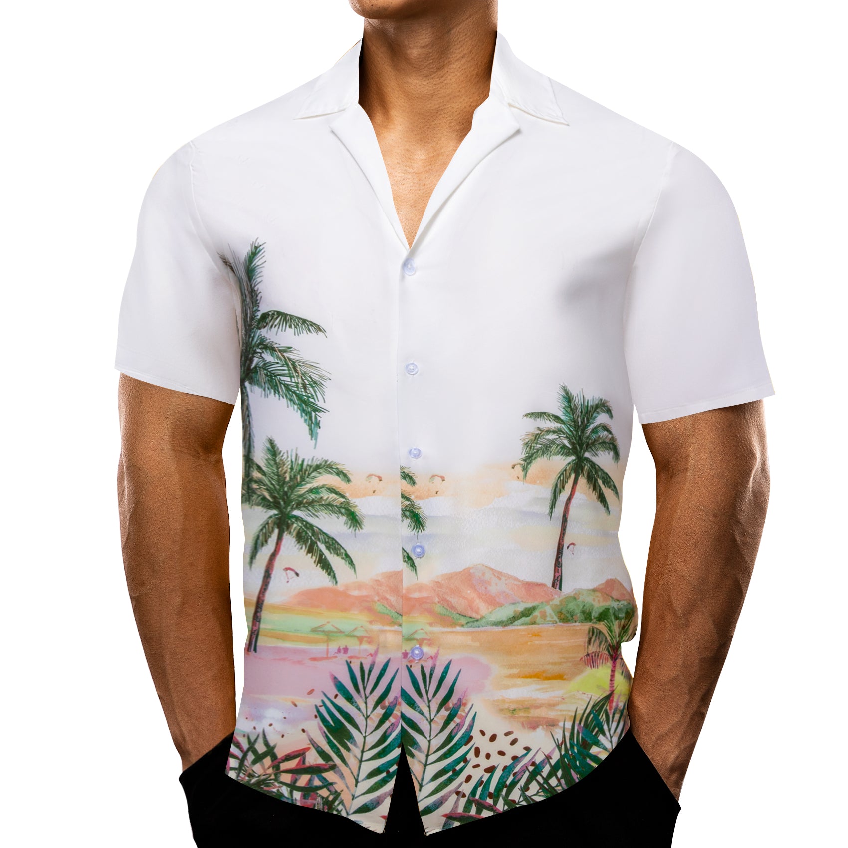 men wearing white hawaiian  Green trees short sleeve shirts