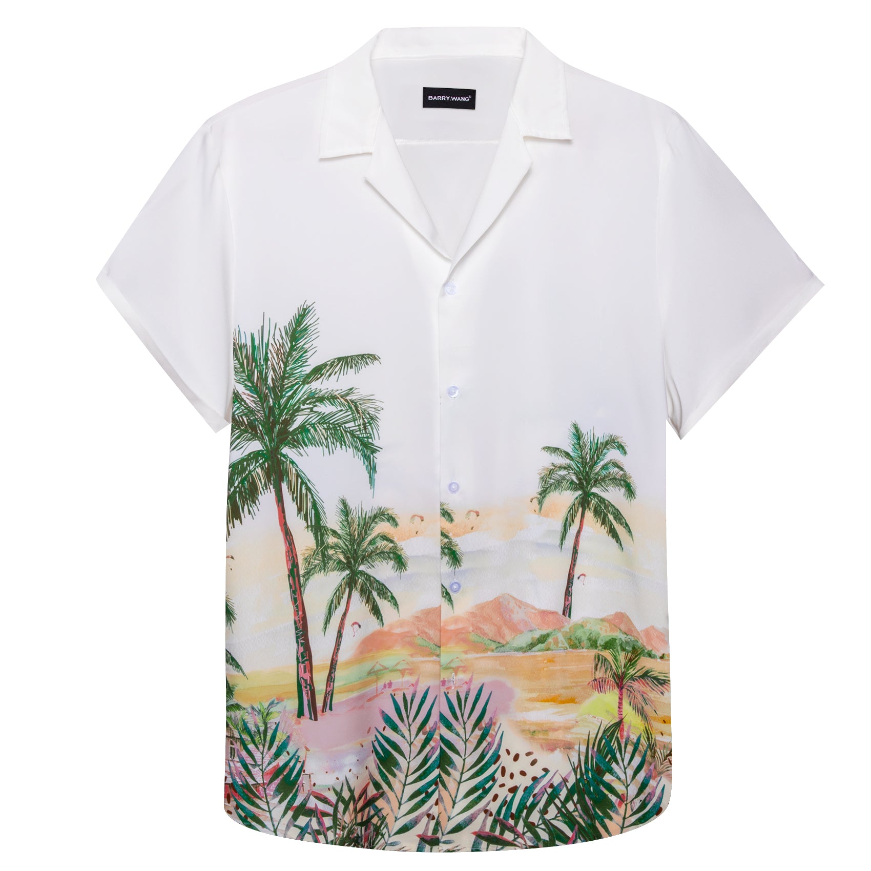 Barry Wang Hawaiian Shirts Sunset Coconut Trees Mens Printed White Shirts