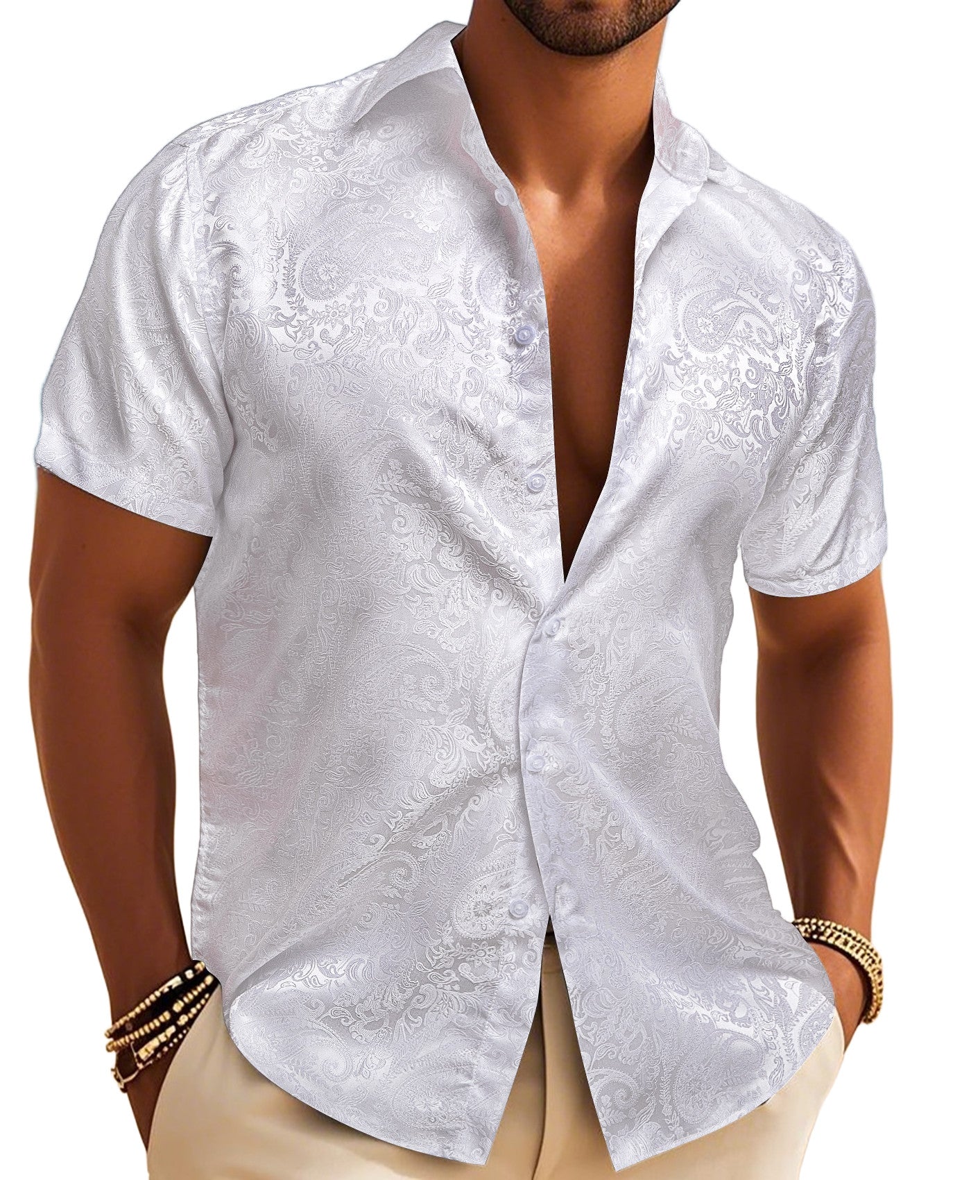 Barry. Wang Short Sleeve Shirt Jacquard Paisley White Shirt
