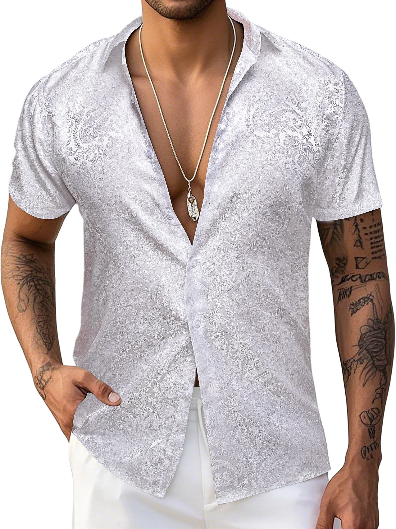 Barry. Wang Short Sleeve Shirt Jacquard Paisley White Shirt