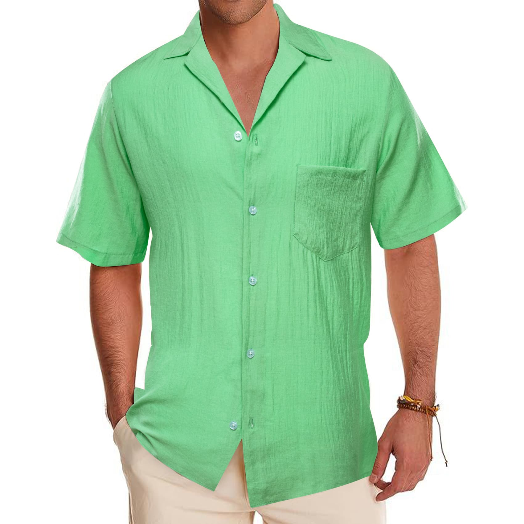 Light green solid mens short sleeve button down shirt