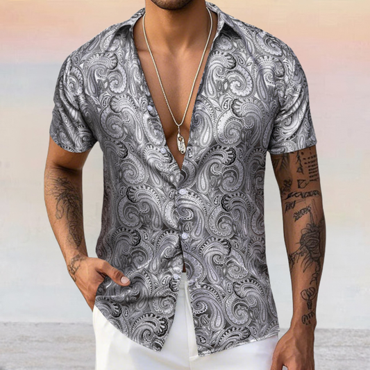 Barry. Wang Silver Paisley Short Sleeve Shirt Mens Jacquard Summer Dress Shirt