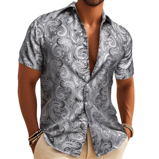 Barry. Wang Silver Paisley Short Sleeve Shirt Mens Jacquard Summer Dress Shirt