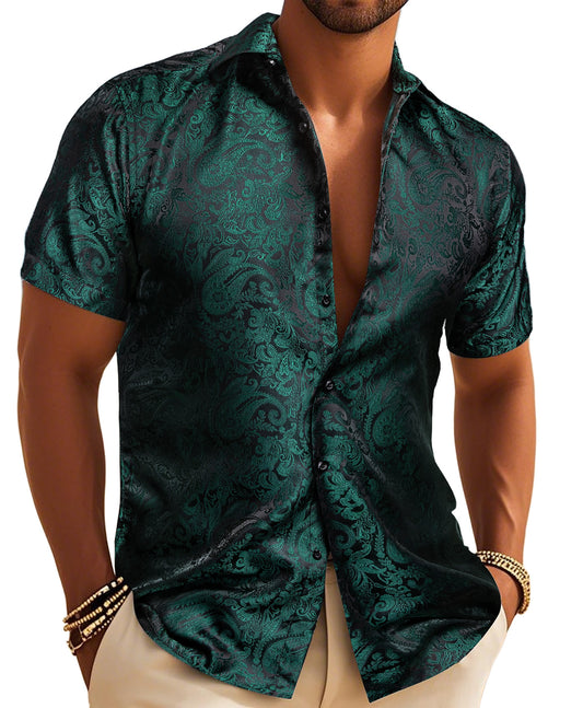 Barry. Wang Green Shirt Silk Paisley Short Sleeve Slim Fit Men's Shirt