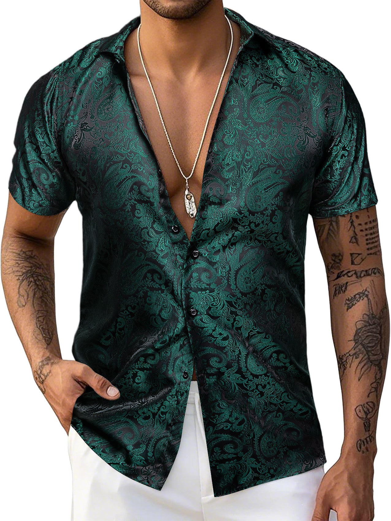 Barry. Wang Green Shirt Silk Paisley Short Sleeve Slim Fit Men's Shirt