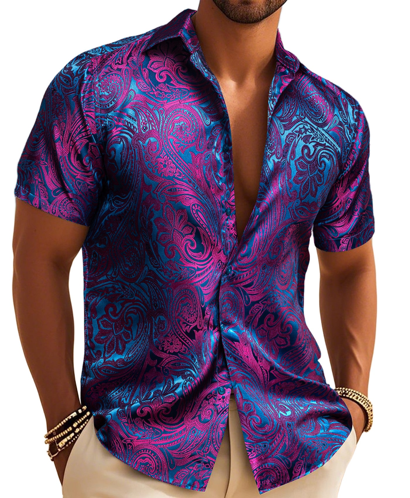 Barry. Wang Purple Blue Paisley Silk Short Sleeve Daily Slim Fit Men's Shirt