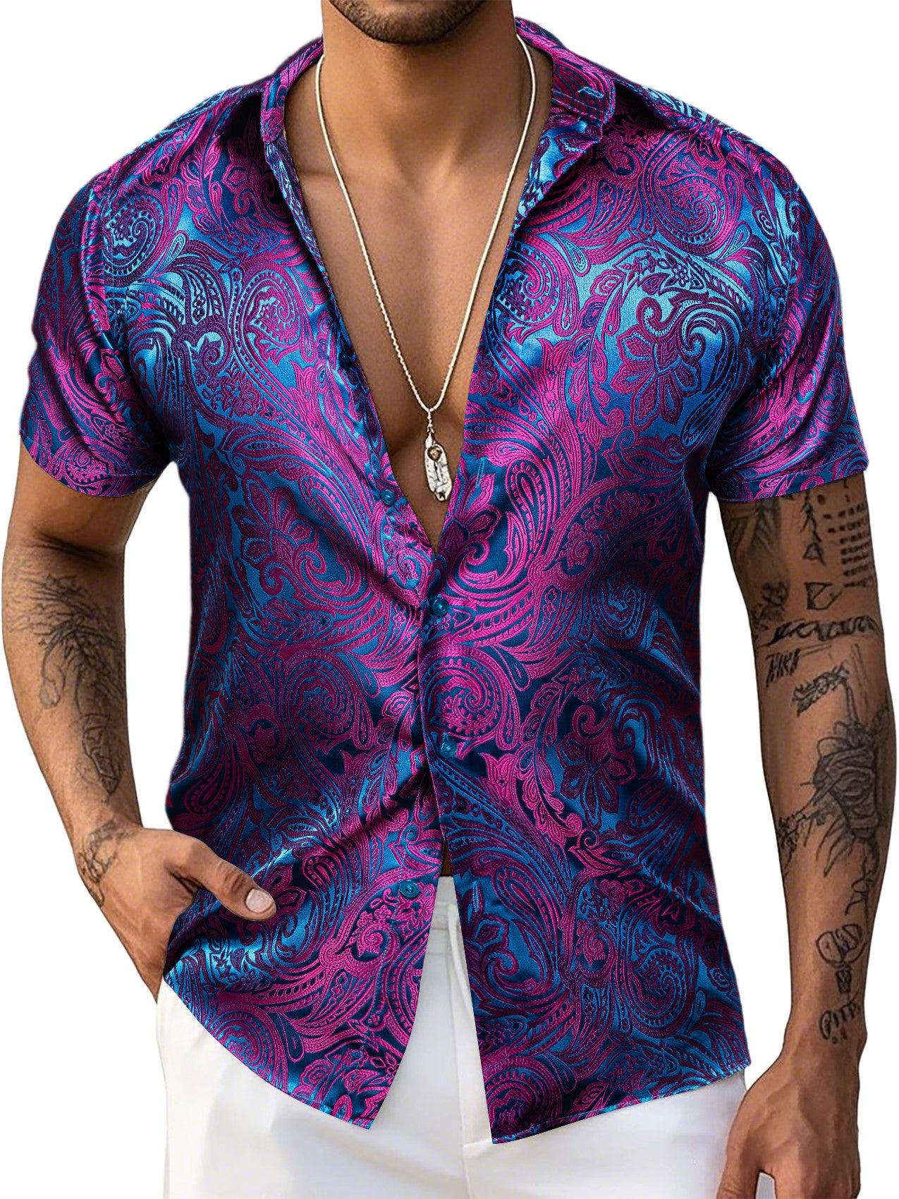 Barry. Wang Purple Blue Paisley Silk Short Sleeve Daily Slim Fit Men's Shirt