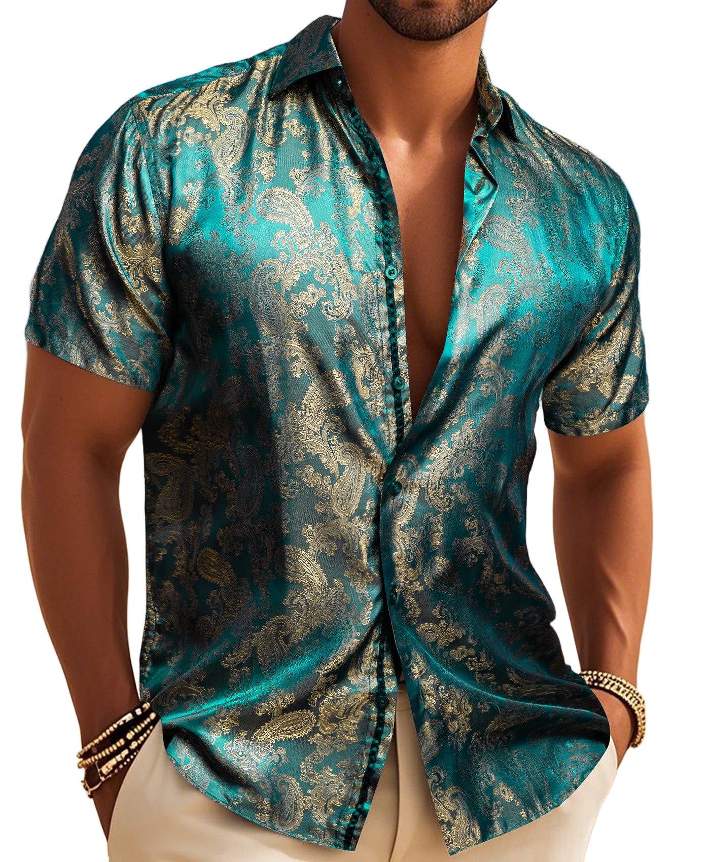 Barry. Wang Button Down Shirt Men's Green Gold Paisley Short Sleeves Silk Shirt