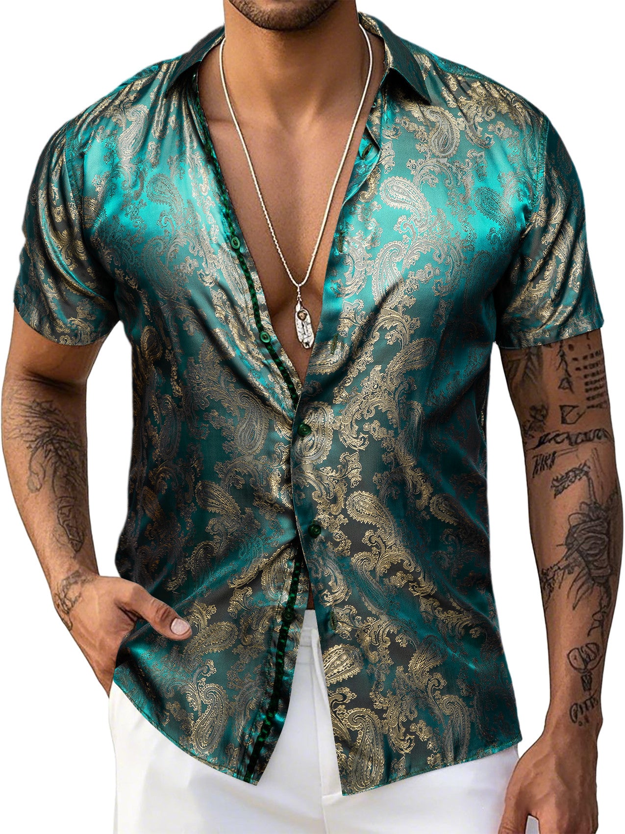 Barry. Wang Button Down Shirt Men's Green Gold Paisley Short Sleeves Silk Shirt