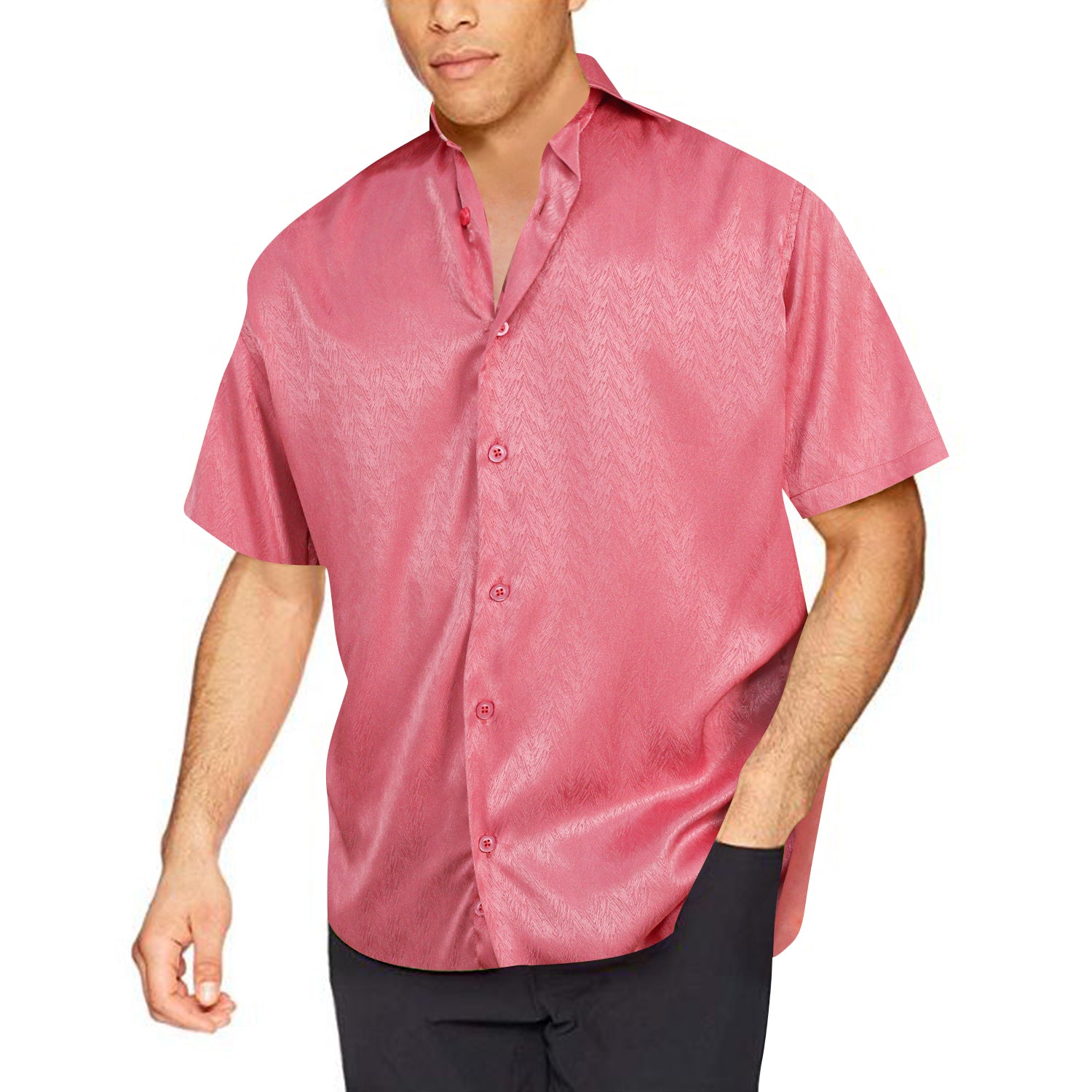 Men wearing a pink short sleeve shirt and dark grey pants 
