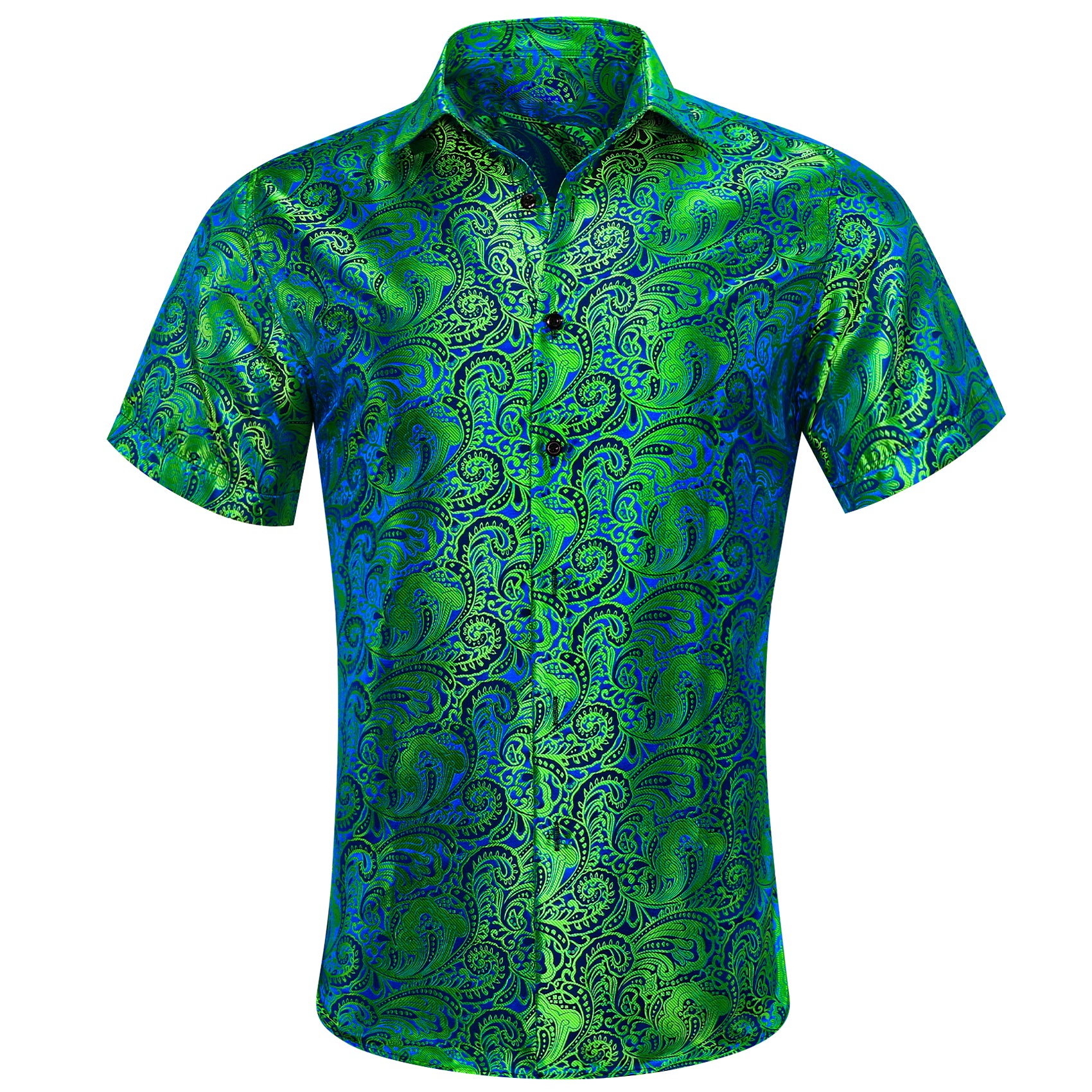 Barry.wang Summer Green Blue Paisley Short Sleeves Shirt