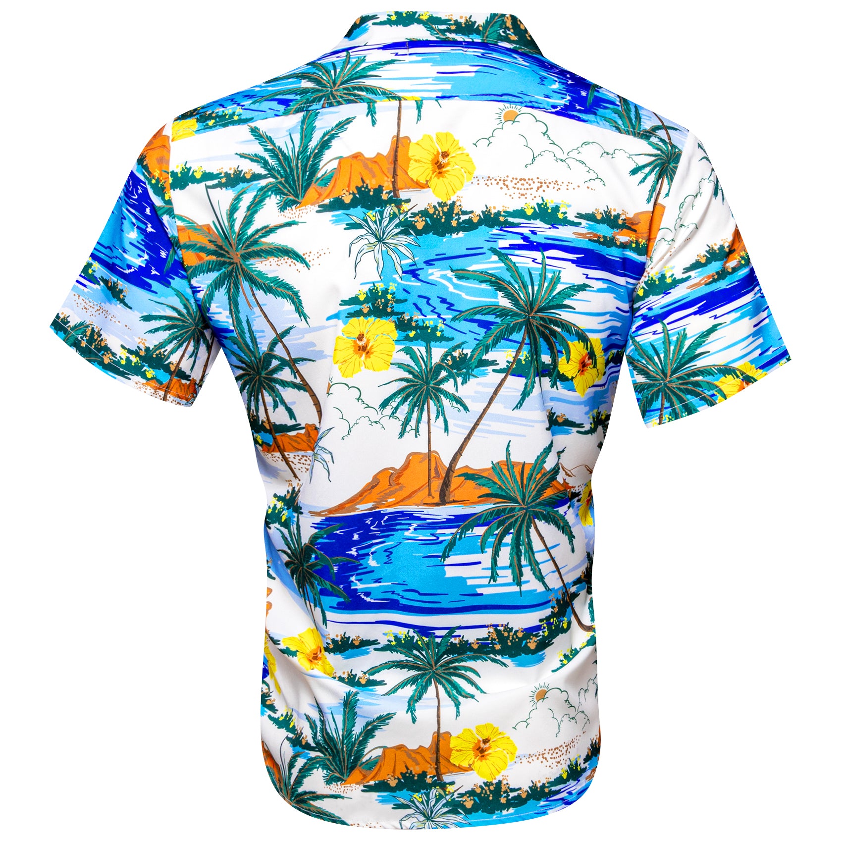 Men's Blue White Floral Pattern Short Sleeves Summer Hawaii Shirt