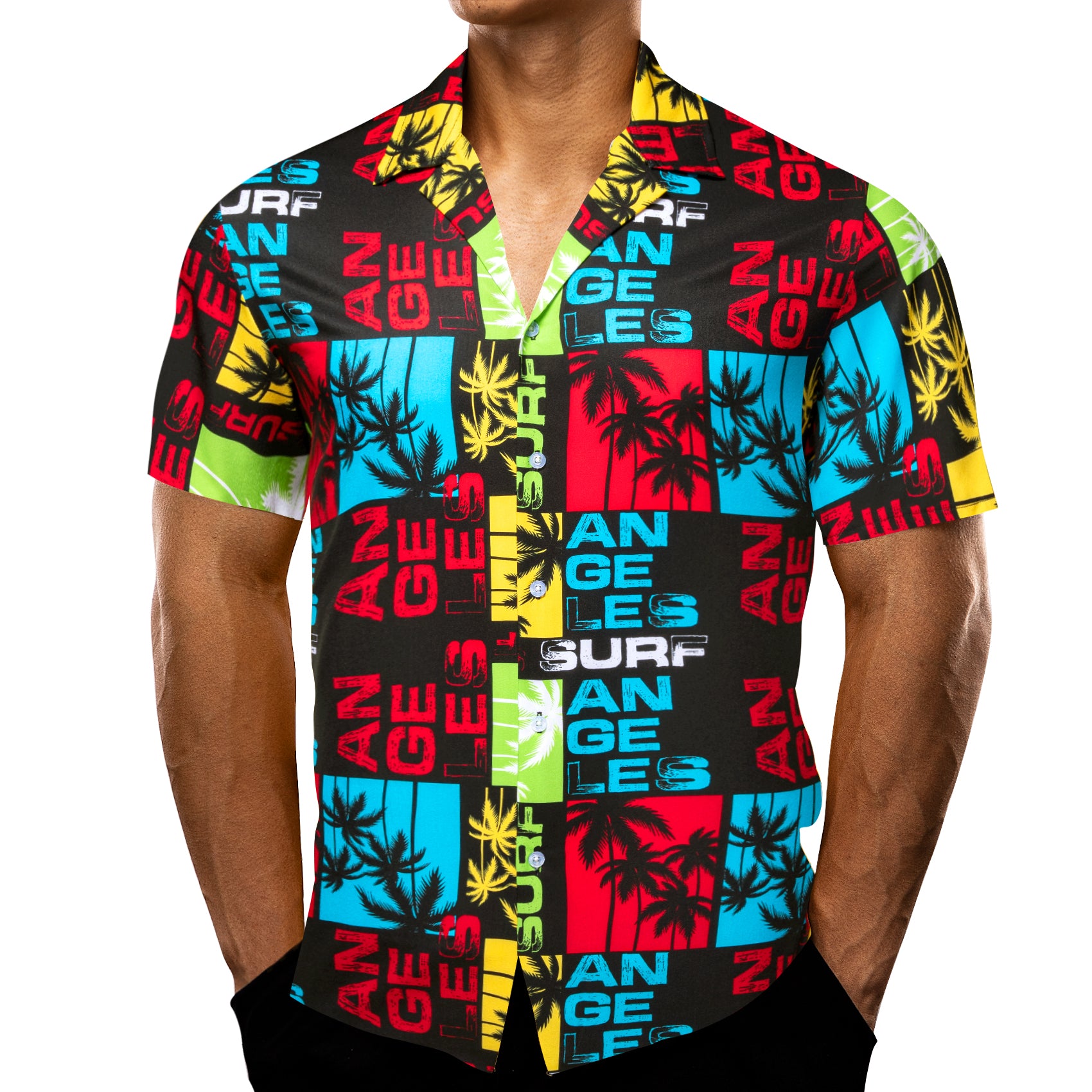 Men's Black Red Floral Pattern Short Sleeves Summer Hawaii Shirt