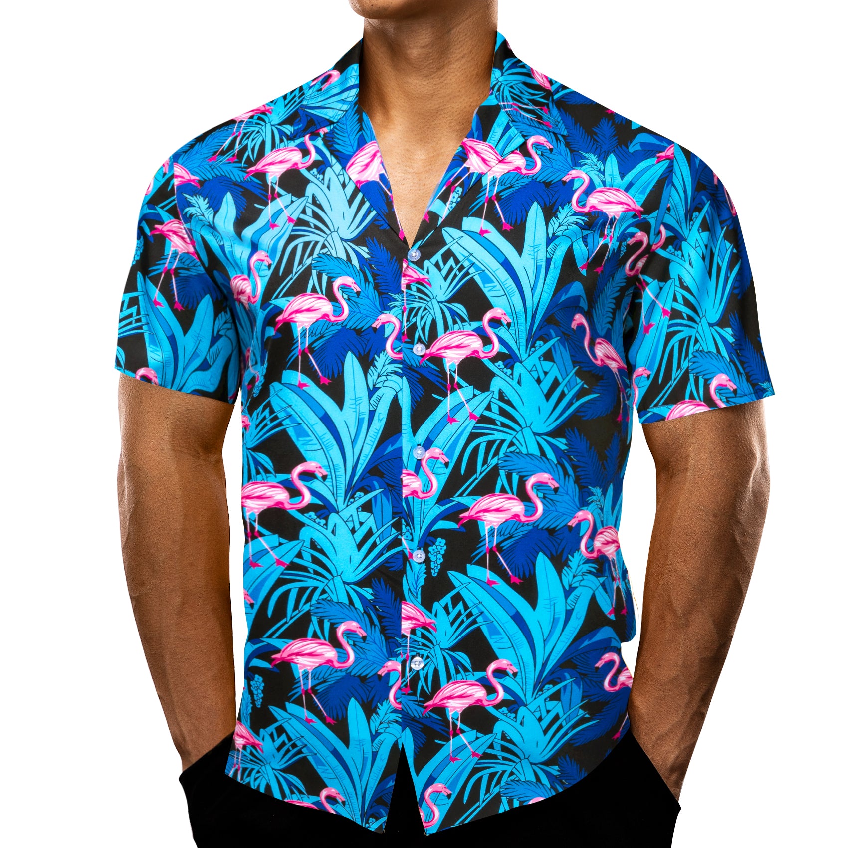 Men's Blue Pink Red-Crowned Crane Floral Pattern Short Sleeves Summer Hawaii Shirt