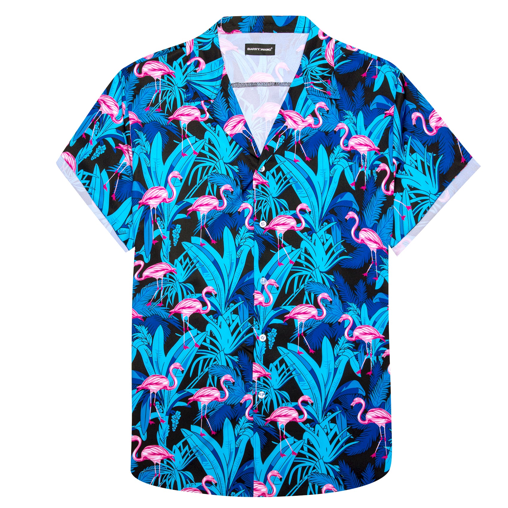 Men's Blue Pink Red-Crowned Crane Floral Pattern Short Sleeves Summer Hawaii Shirt