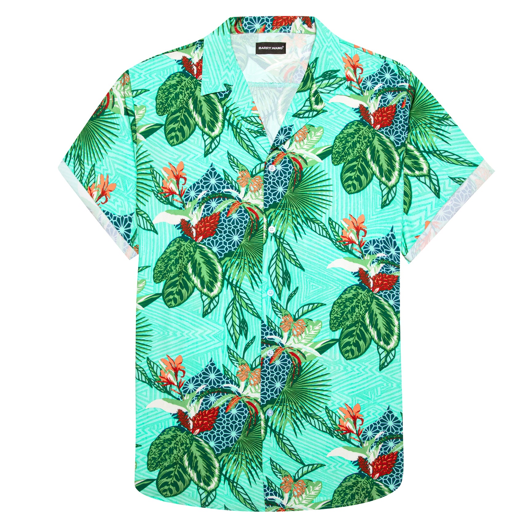 Barry.wang Men's Shirt Turquoise Floral Short Sleeves Silk Summer Hawaii Shirt