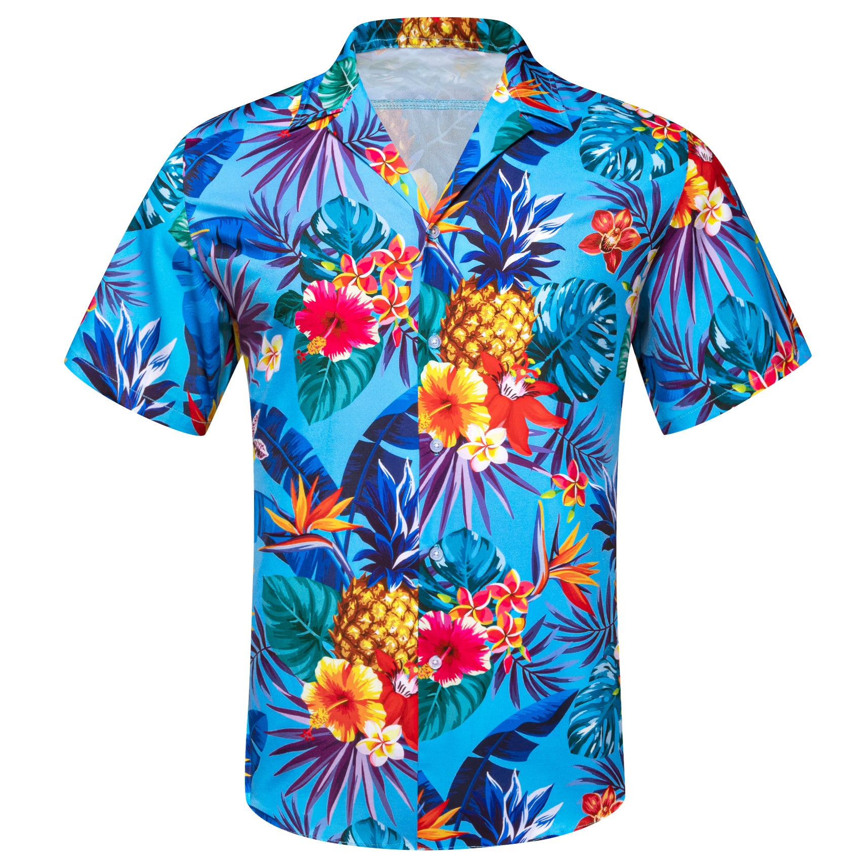 Men's Blue Flower Floral Pattern Short Sleeves Summer Hawaii Shirt