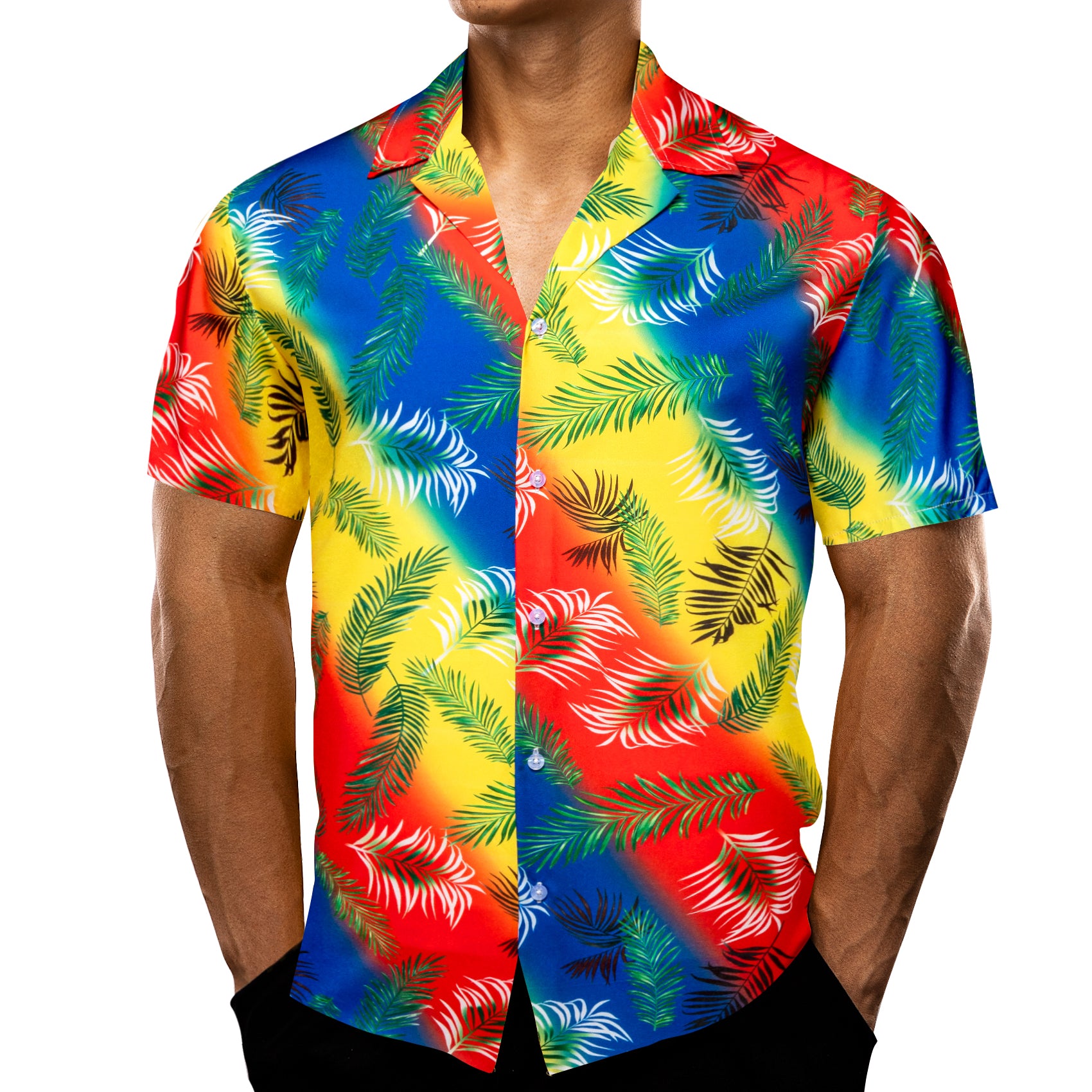 Barry Wang Casual Mens Shirts Yellow Red Feather Short Sleeves Hawaii Shirt