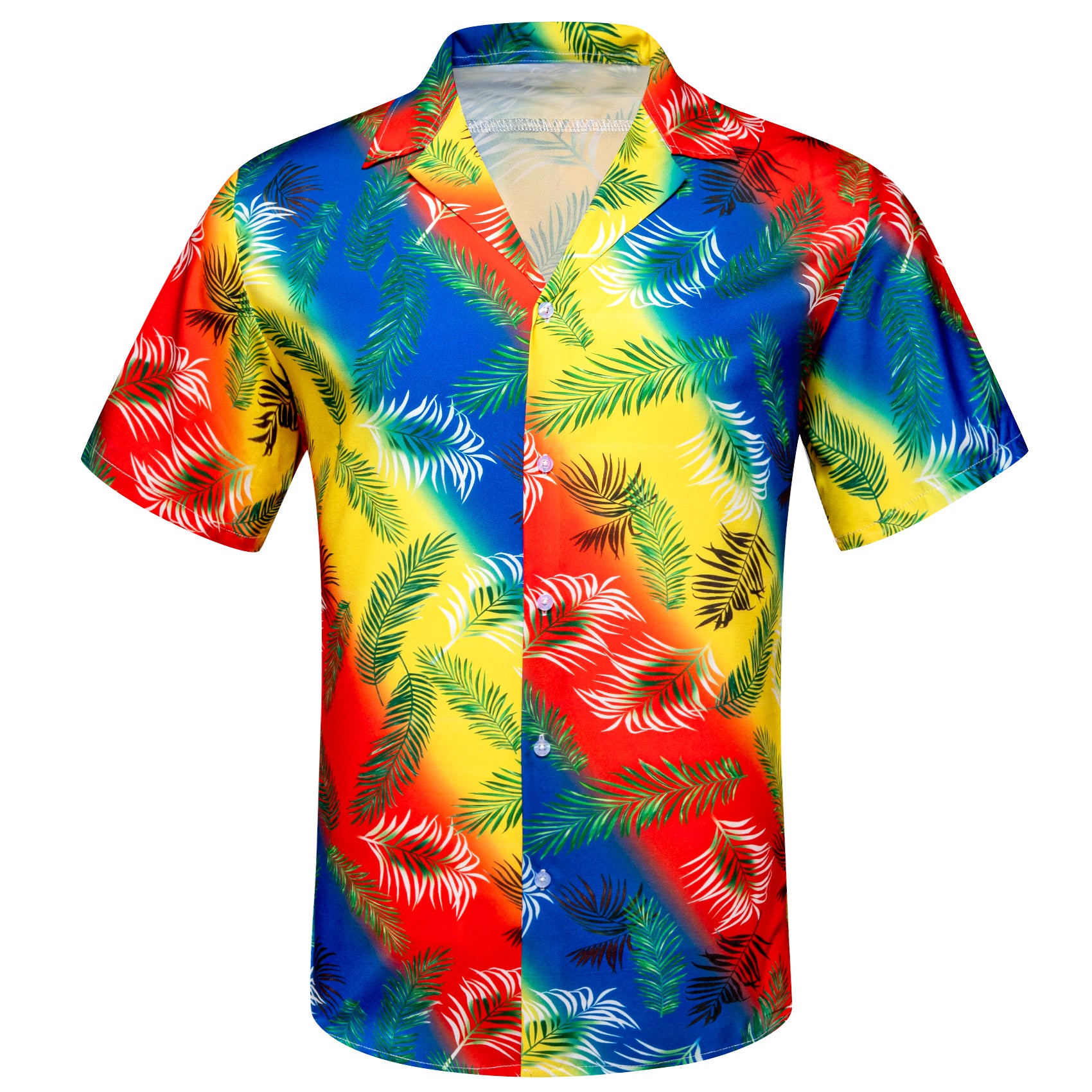 Men's Yellow Red Feather Floral Pattern Short Sleeves Summer Hawaii Shirt