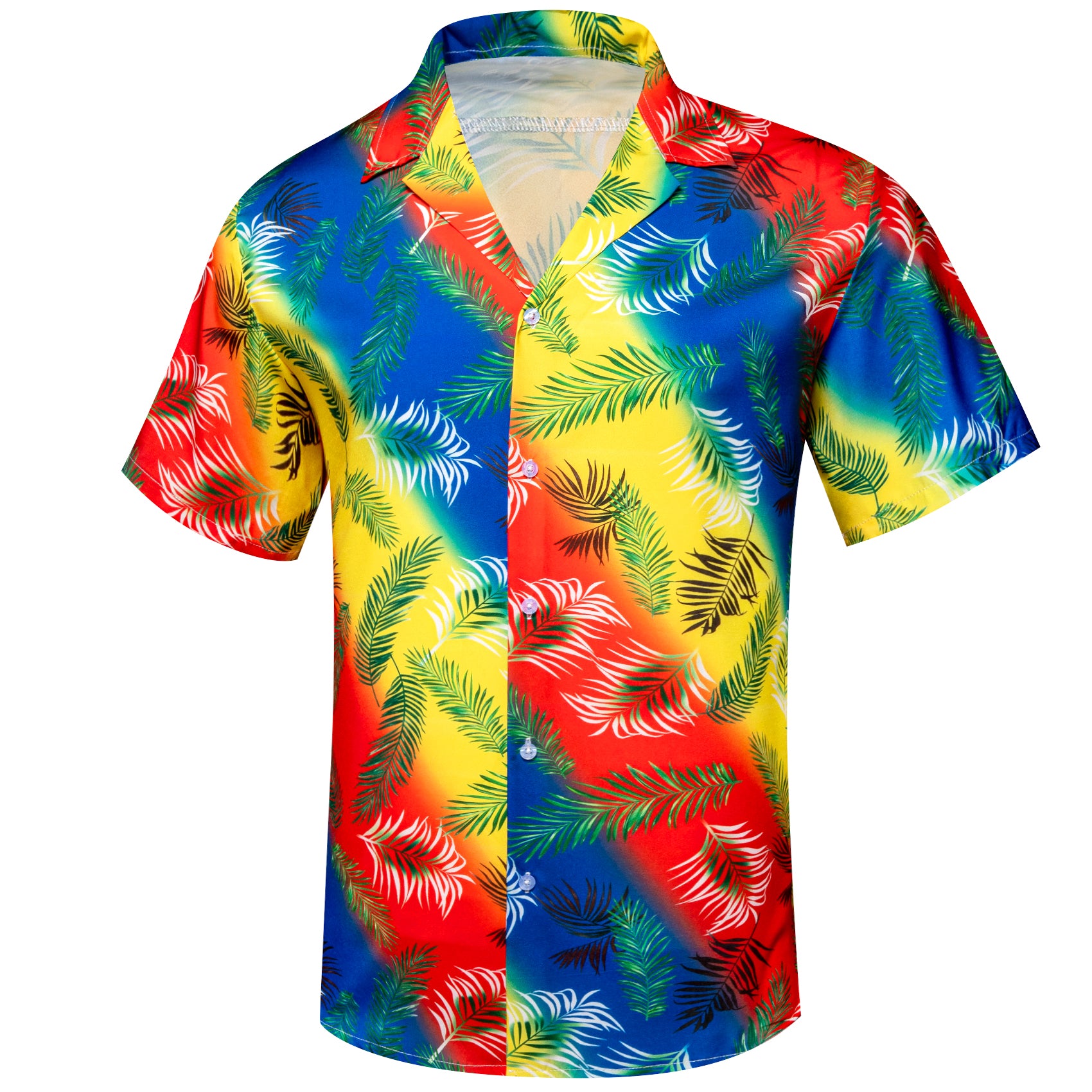 Men's Yellow Red Feather Floral Pattern Short Sleeves Summer Hawaii Shirt