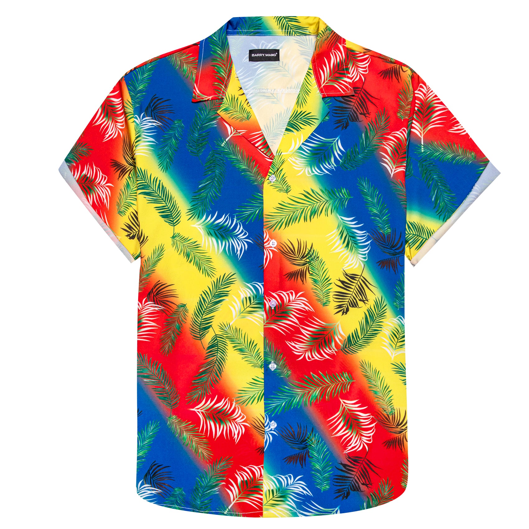 Yellow Red Feather Floral Pattern Short Sleeves Summer Hawaii Shirt