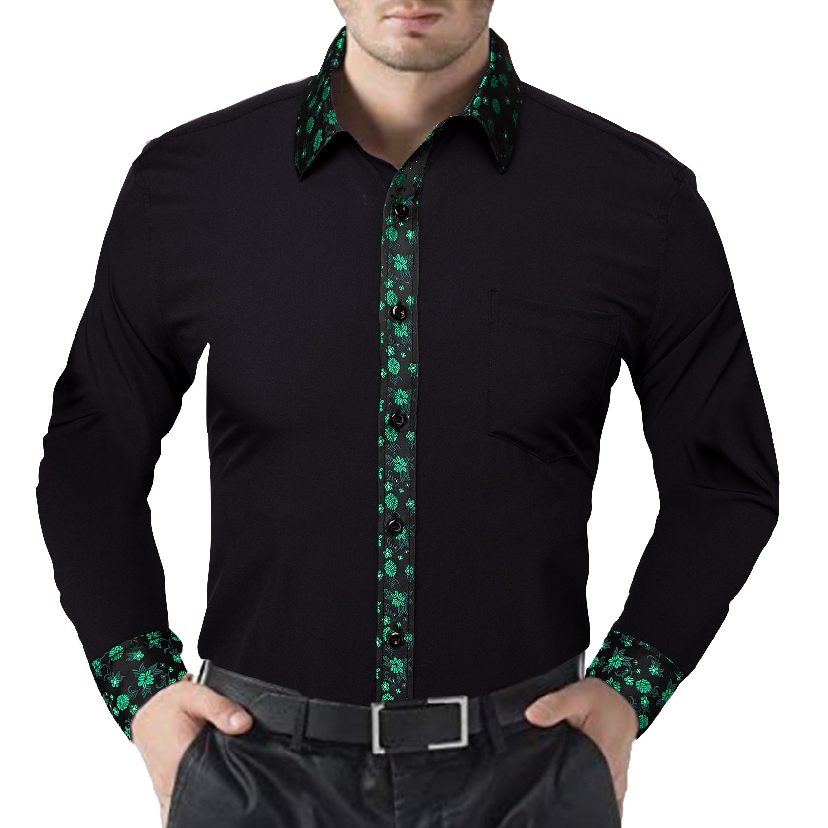 Barry.wang Black Green Splicing Men's Business Shirt