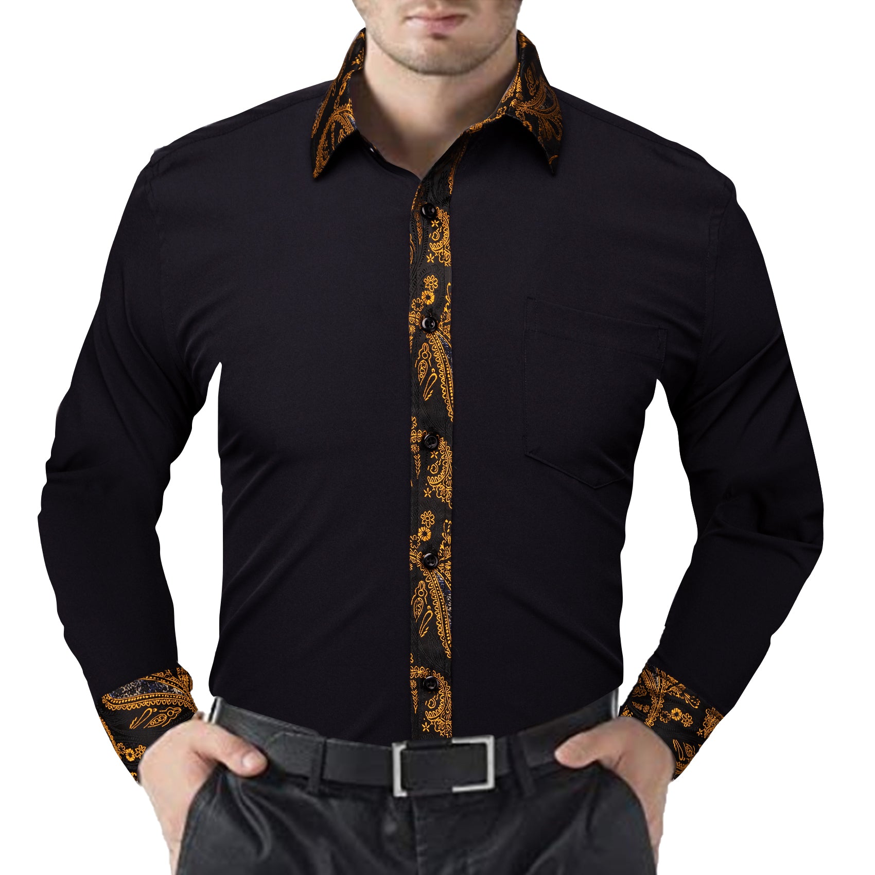 Barry.wang Black Golden Splicing Men's Business Shirt
