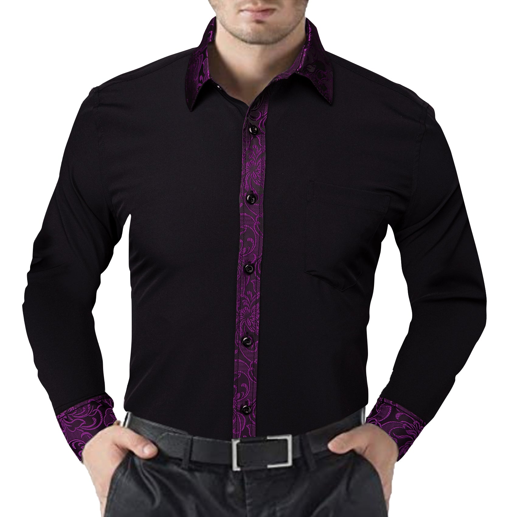 Barry.wang Classy Black Purple Splicing Men's Business Shirt